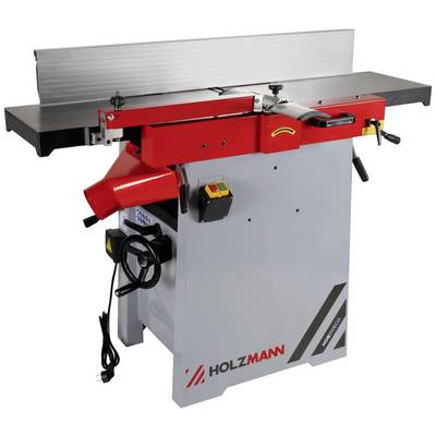 A red and grey Holzmann planing machine with multiple levers and switches, used for smoothing wooden surfaces in a woodworking workshop.