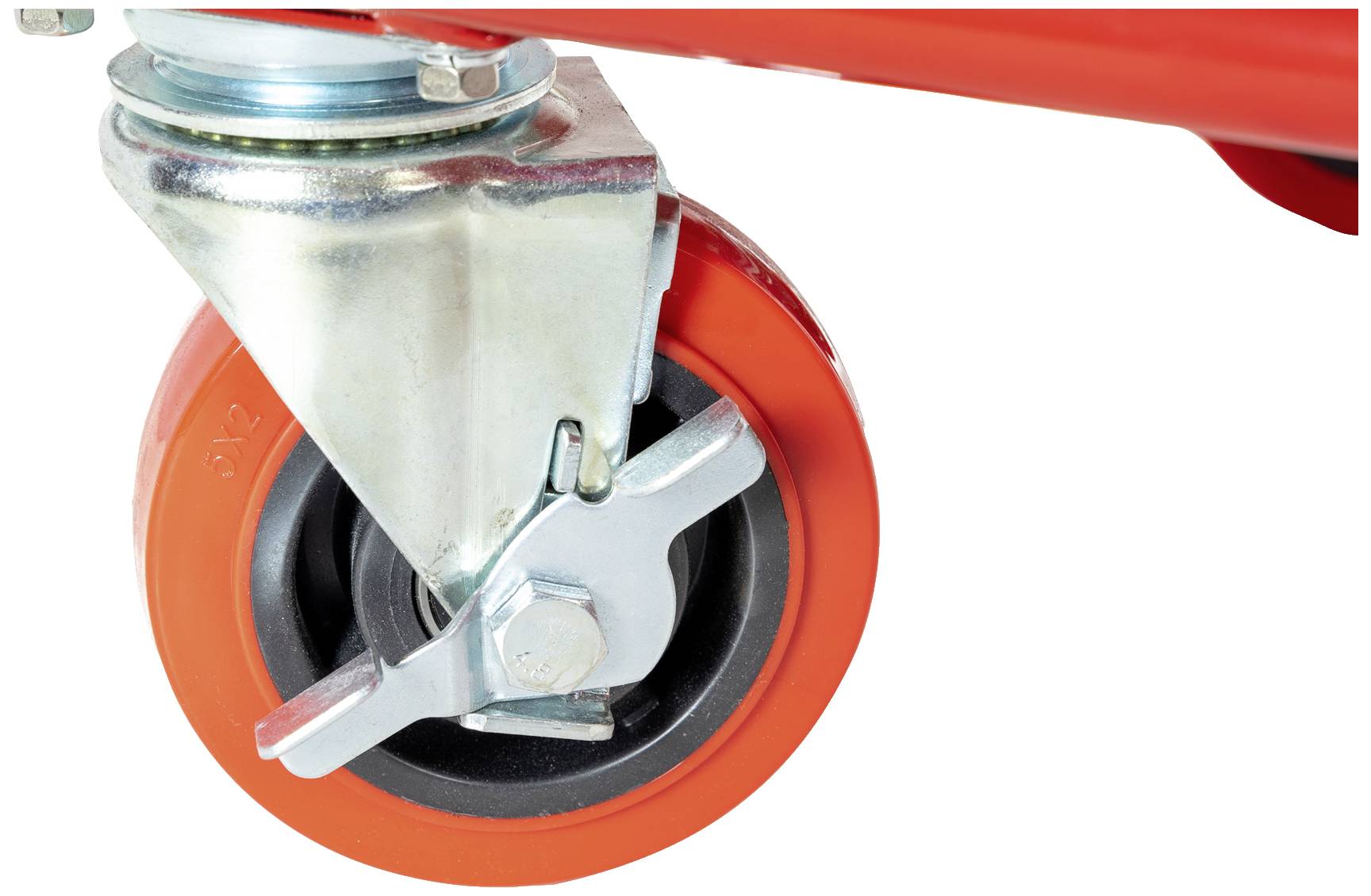 Red rubber roller with metal mounting and locking brake, part of a transport device.