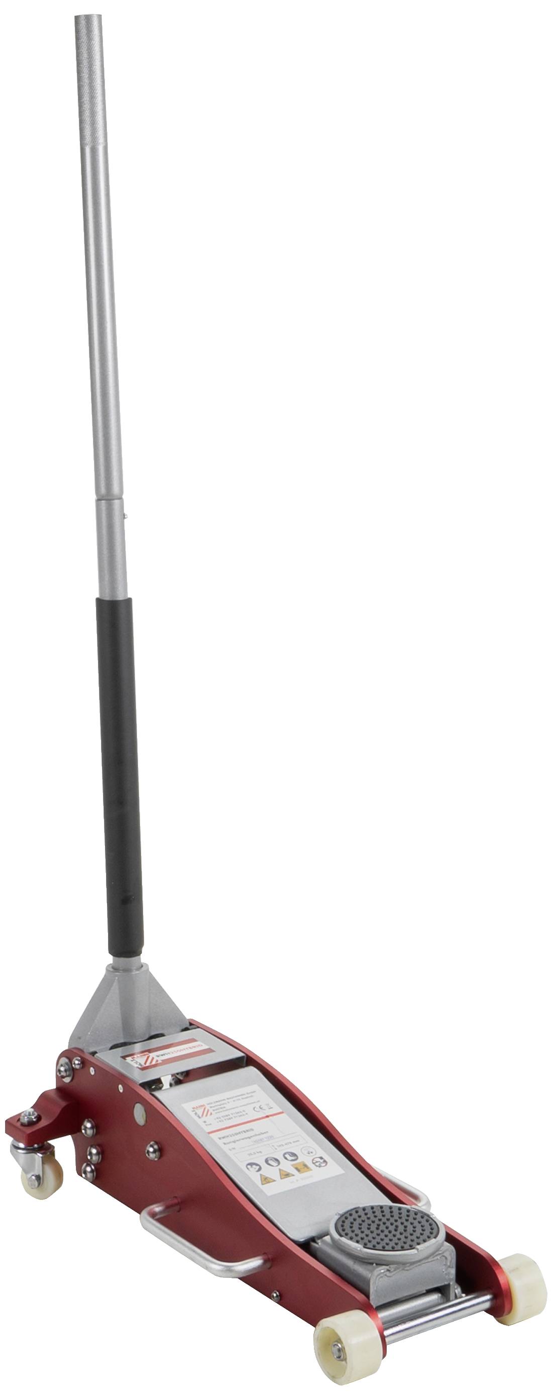 A red hydraulic trolley jack with a long handle, mounted on wheels for easy vehicle lifting. Suitable for workshop use.