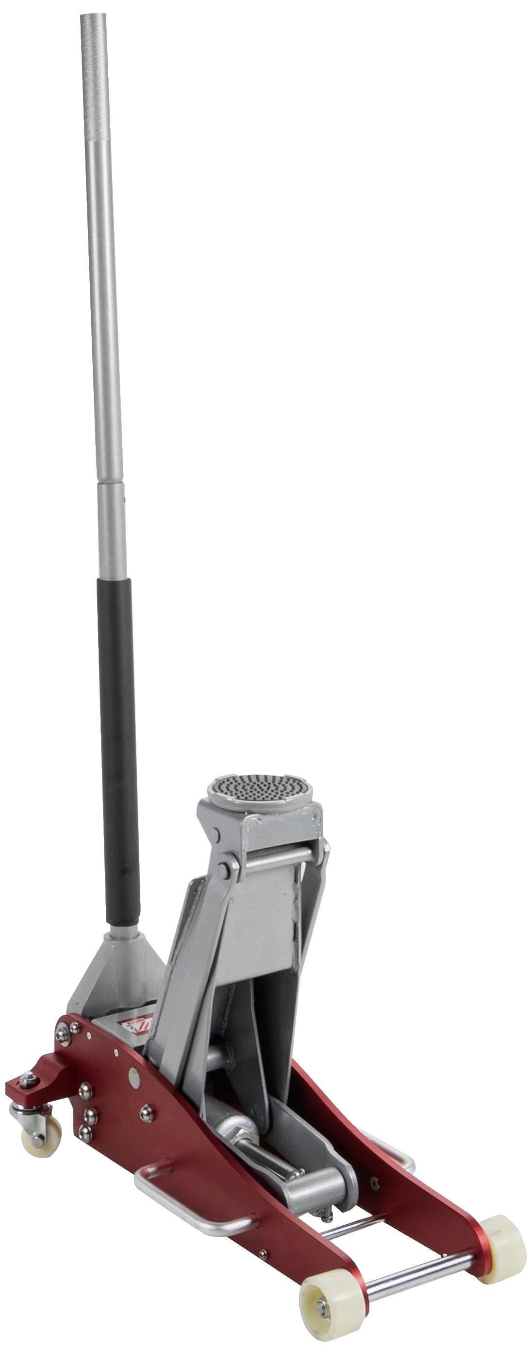 Red hydraulic jack with long handle, mounted on wheels, suitable for lifting vehicles or heavy objects.