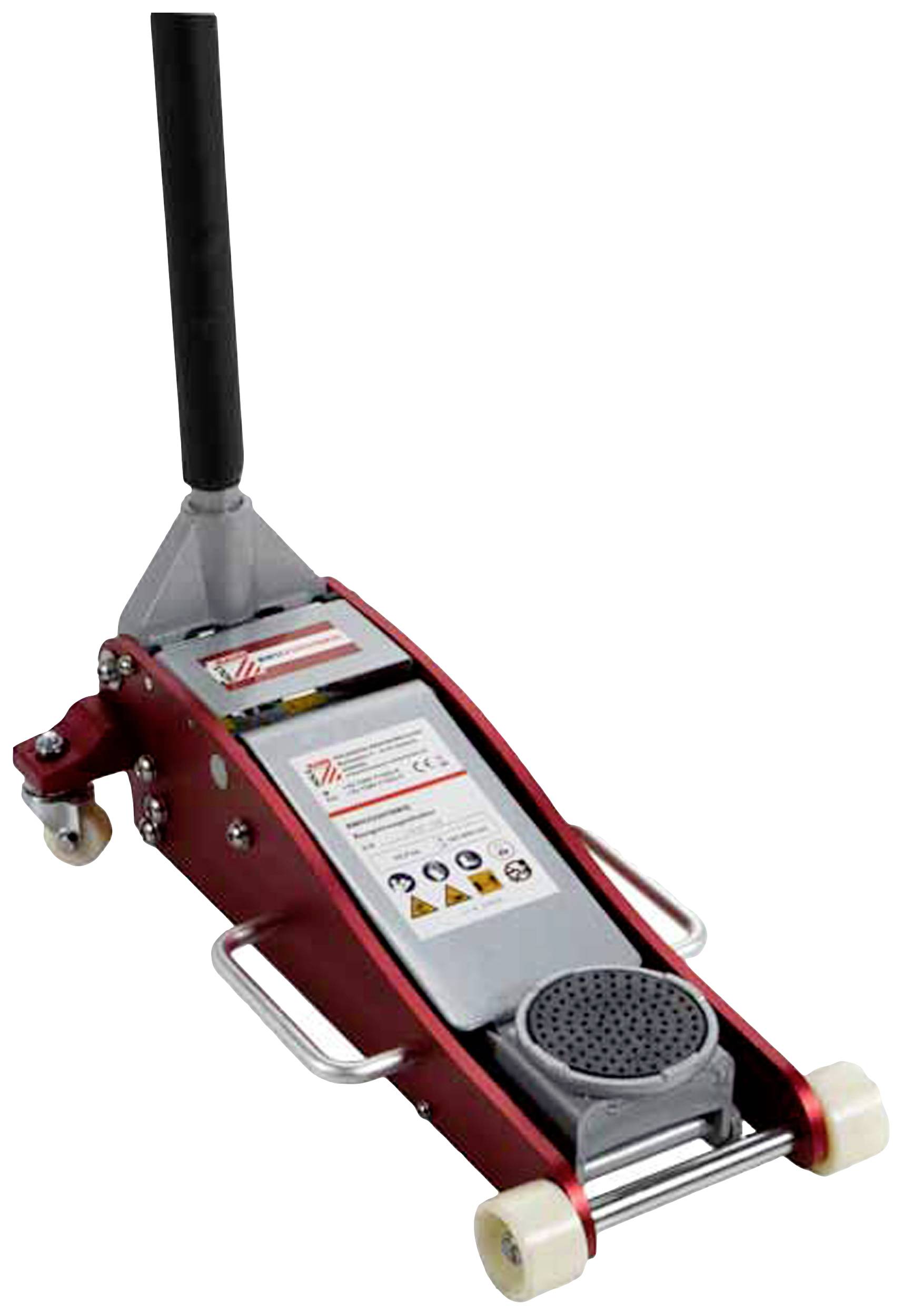 Red scissor jack with black handle, on wheels. Metal lifting device suitable for automotive repairs.