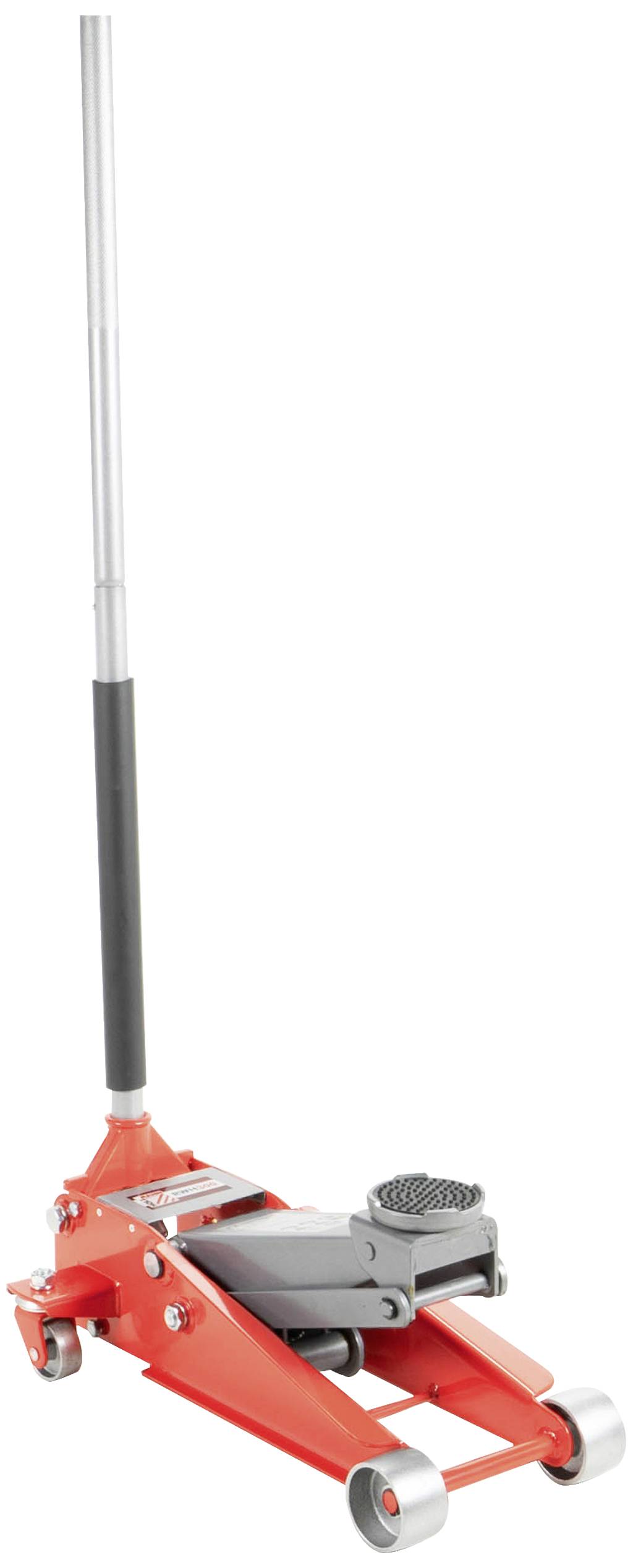 Red trolley jack with a long handle, ready for lifting vehicles or heavy objects in a workshop environment.