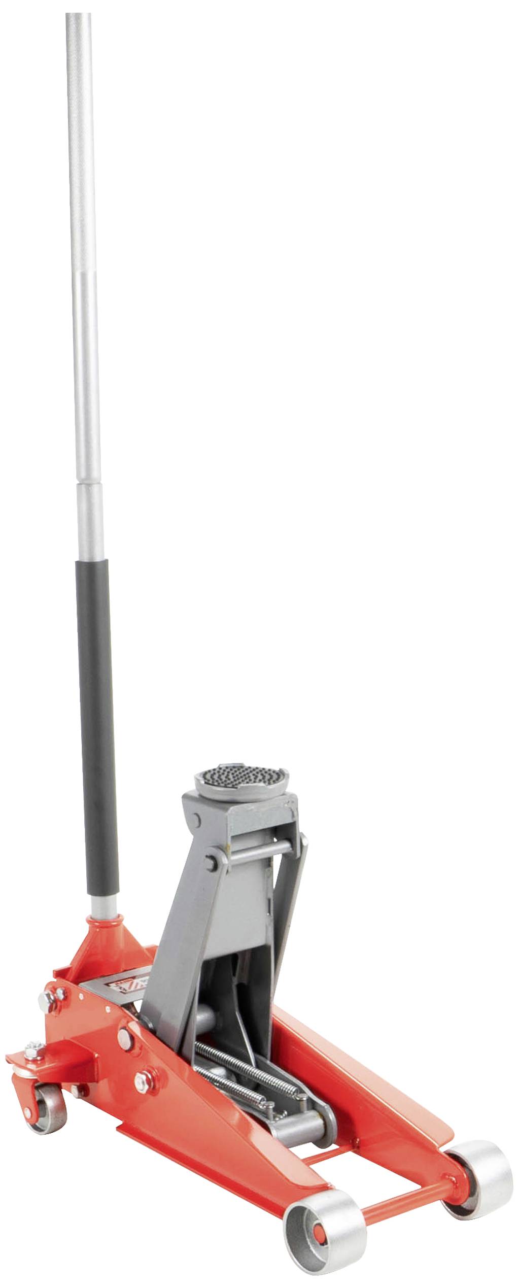 'Red hydraulic jack with long handle, mounted on four wheels, used for lifting vehicles.'