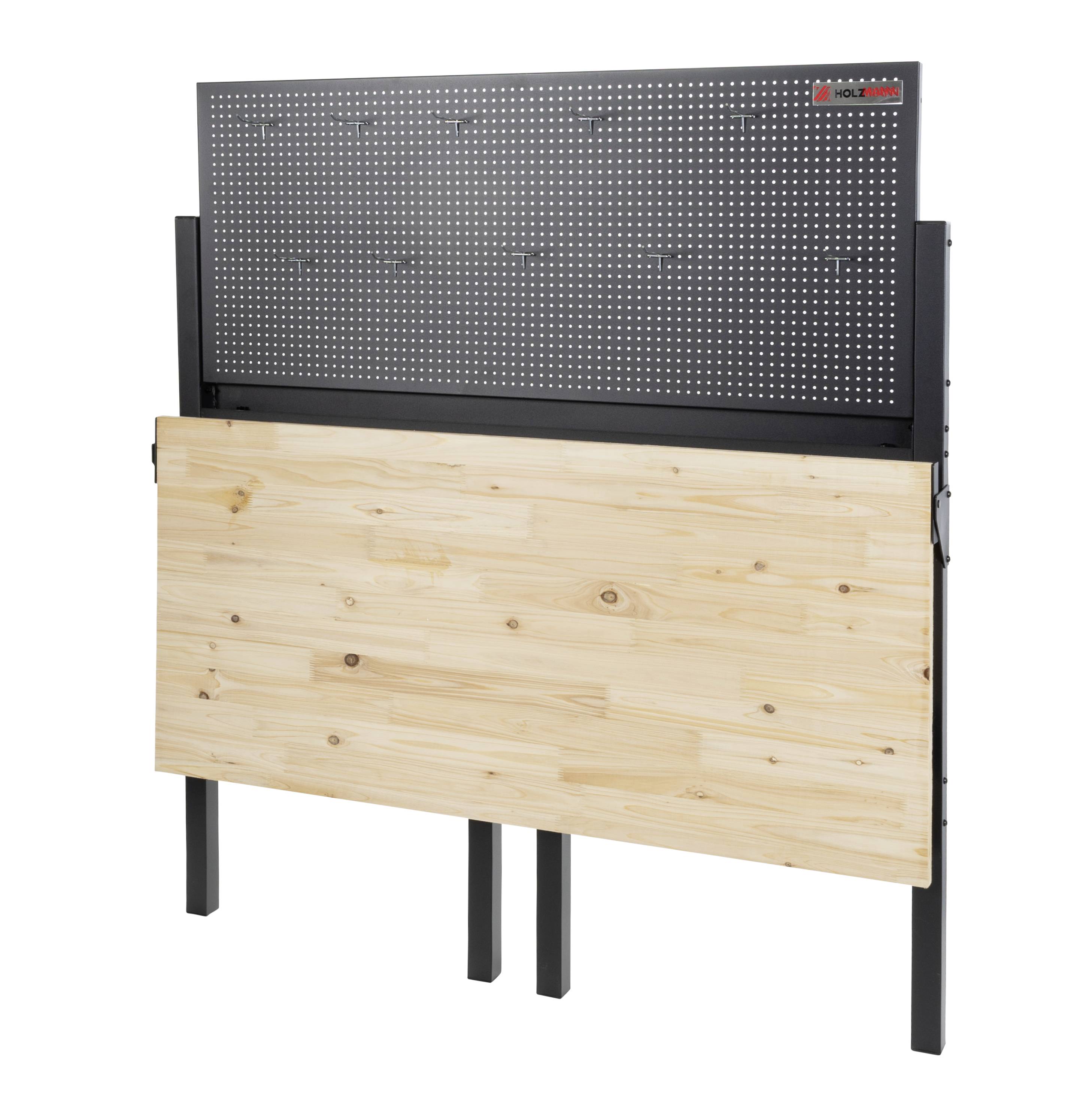Folding workbench with wooden worktop and perforated metal backboard for hanging tools.