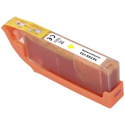 Yellow printer cartridge CLI-551XL with an orange casing, label featuring text 'Replace/Reset' and 'CLI-551XL', CE mark visible.
