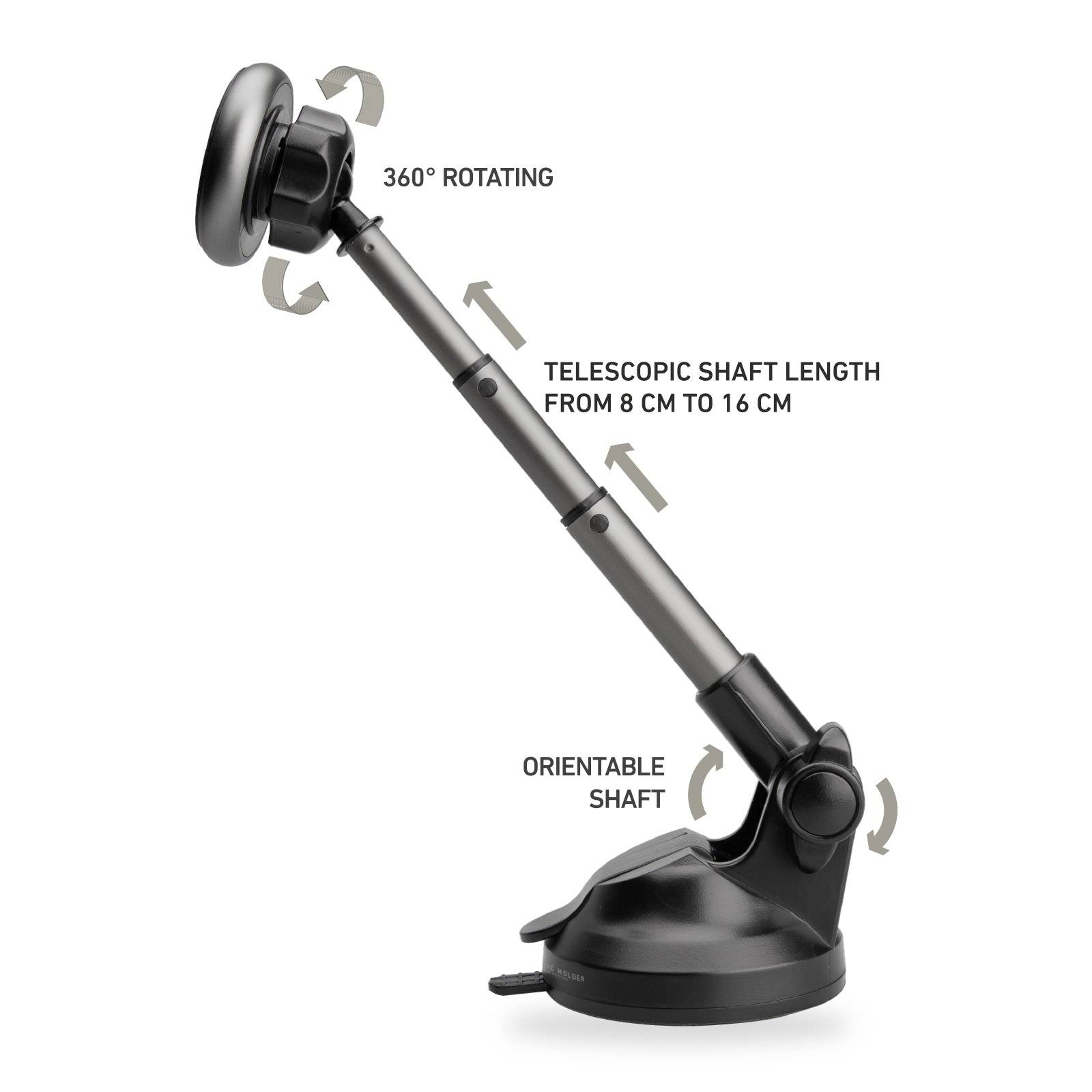 A black, height-adjustable mobile phone holder with 360-degree rotation and an extendable length from 8 cm to 16 cm.