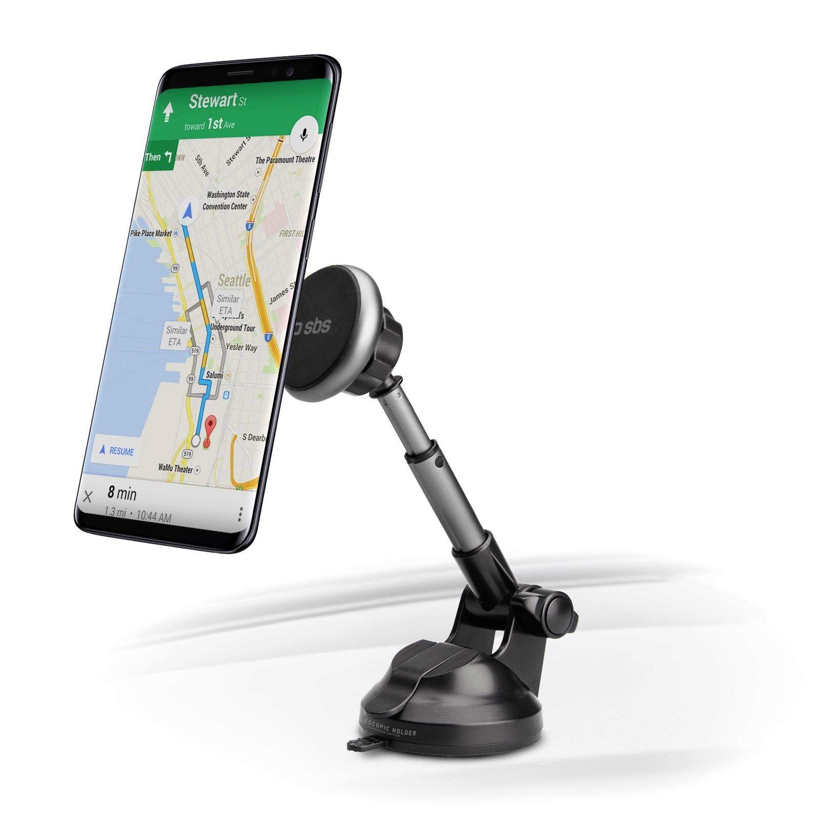 A smartphone in a mount displays a navigation app with route guidance on a map.