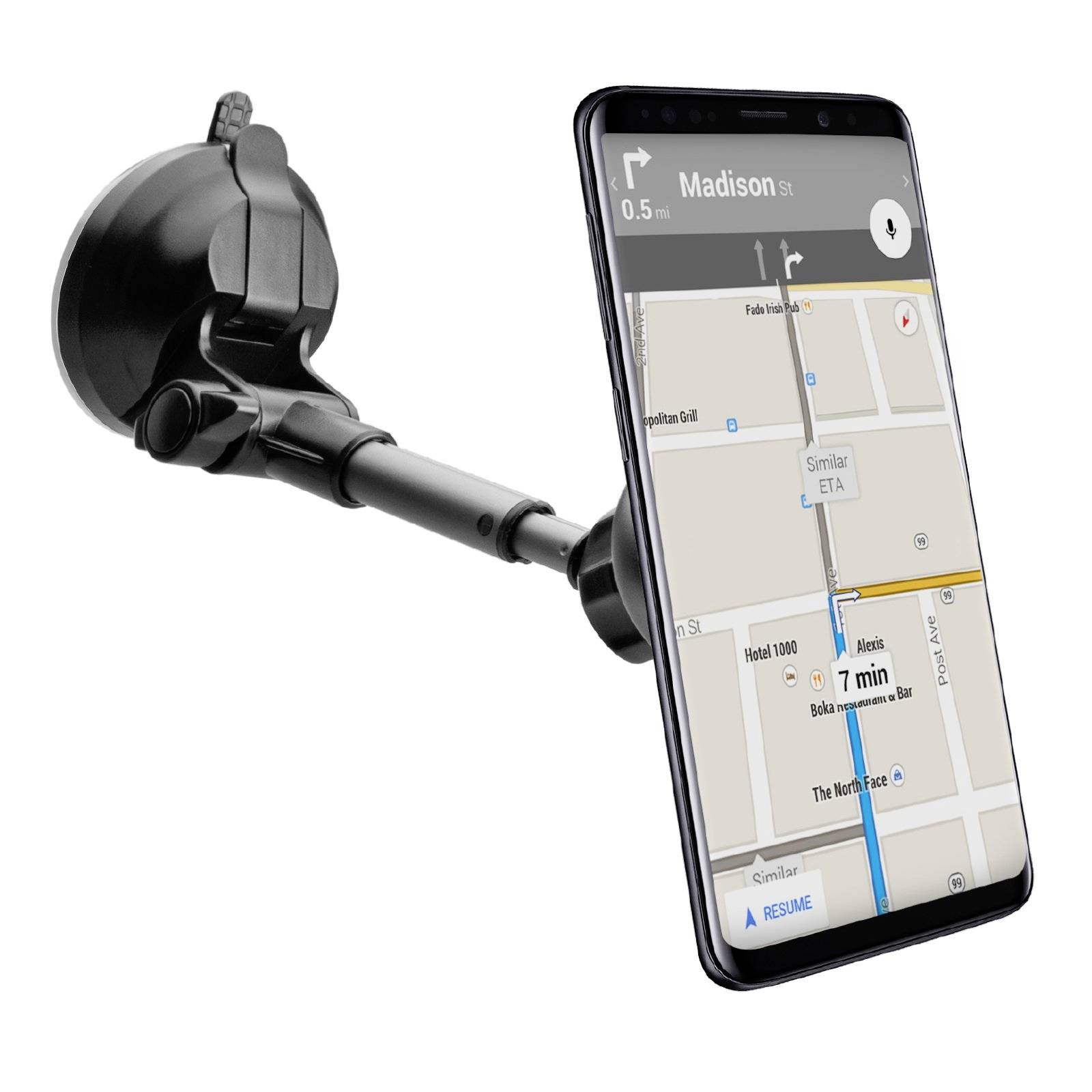 A smartphone with a navigation app shows a map displaying a route, mounted in a car holder for vehicle navigation.