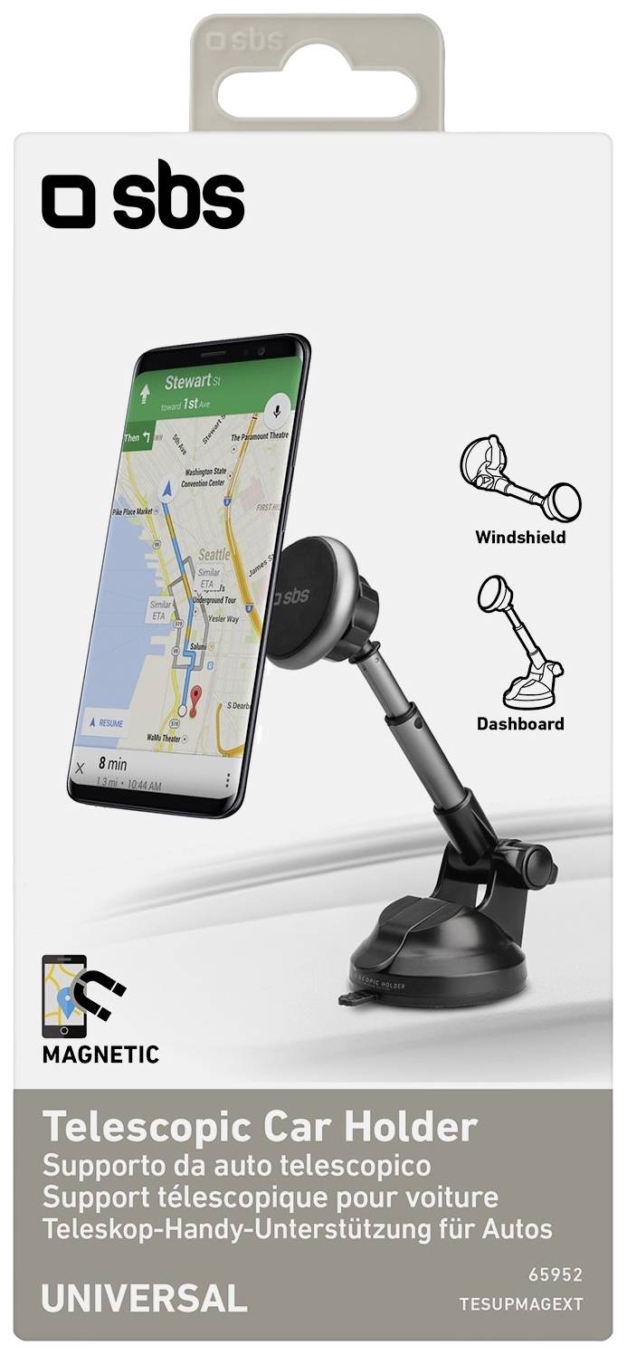 'Universal telescopic mobile phone holder for cars, magnetic, suitable for windscreen and dashboard.'