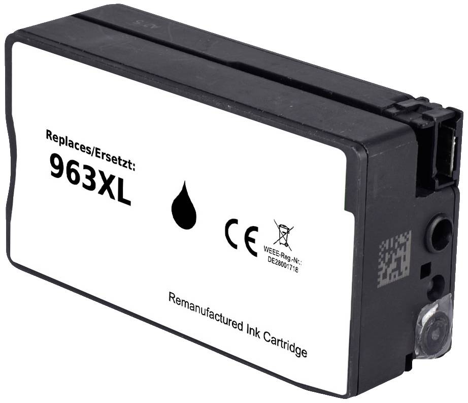Black ink cartridge with the inscription 'Replaces/Replaces: 963XL, Remanufactured Ink Cartridge'. Ink droplet symbol.
