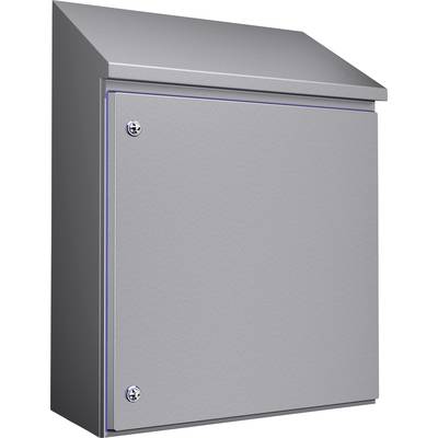 Grey, wall-mounted metal letterbox with an angled roof and two screws on the front. Ideal for outdoor use.