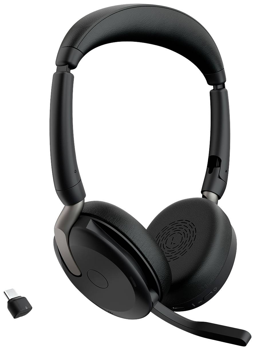 Black wireless headphones with microphone and USB-C adapter. Ideally suited for wireless working and entertainment.