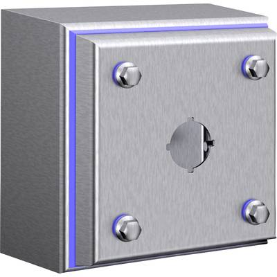 Metal electrical enclosure with four screws at the corners and a central opening on the front side.