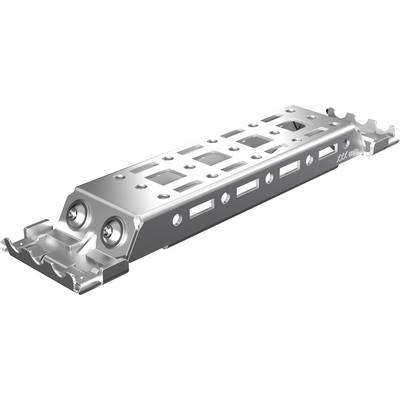 Metallic cable tray with evenly distributed openings and mounting points. Shown in an angled perspective.
