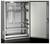 An open, empty electrical cabinet with a metal frame and mounting rails for housing electronic components.
