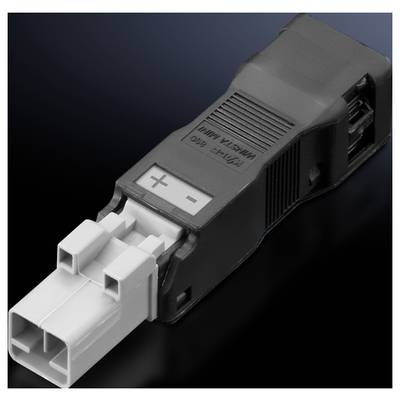 A black plastic adapter with a grey plug, marked with '+' and '-', on a dark background. Used for electrical connections.