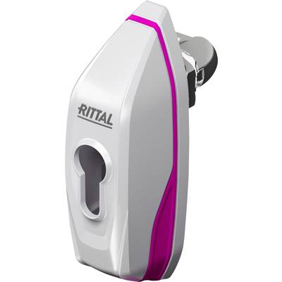A modern, white bar lock with pink accents, suitable for control cabinets, bears the 'RITTAL' logo on the front side.