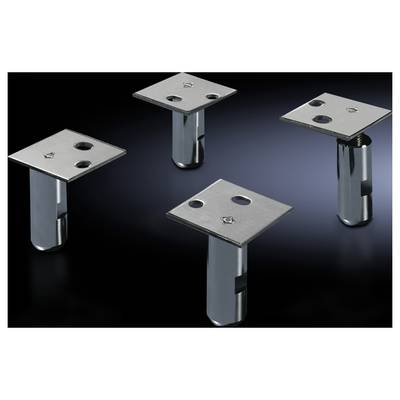 Four metallic fastening elements with rectangular plates and cylindrical bases against a dark background.