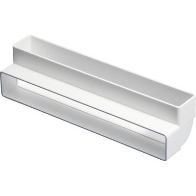 A white, rectangular plastic container with an open top compartment and side apertures. Purpose uncertain.