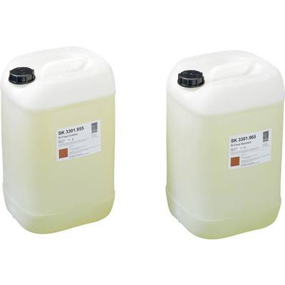 Two large, white plastic jerry cans with black lids, labelled 'SK 3301.955' and 'SK 3301.965'. Containing liquid.