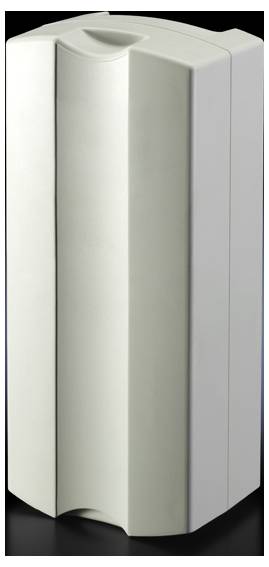 A rectangular, grey soap dispenser sits on a black surface.