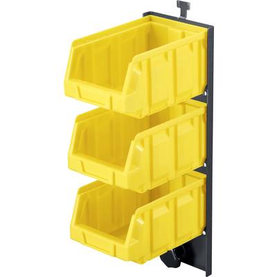 Three yellow stackable boxes are attached to a black wall mount, ideal for storing small items.
