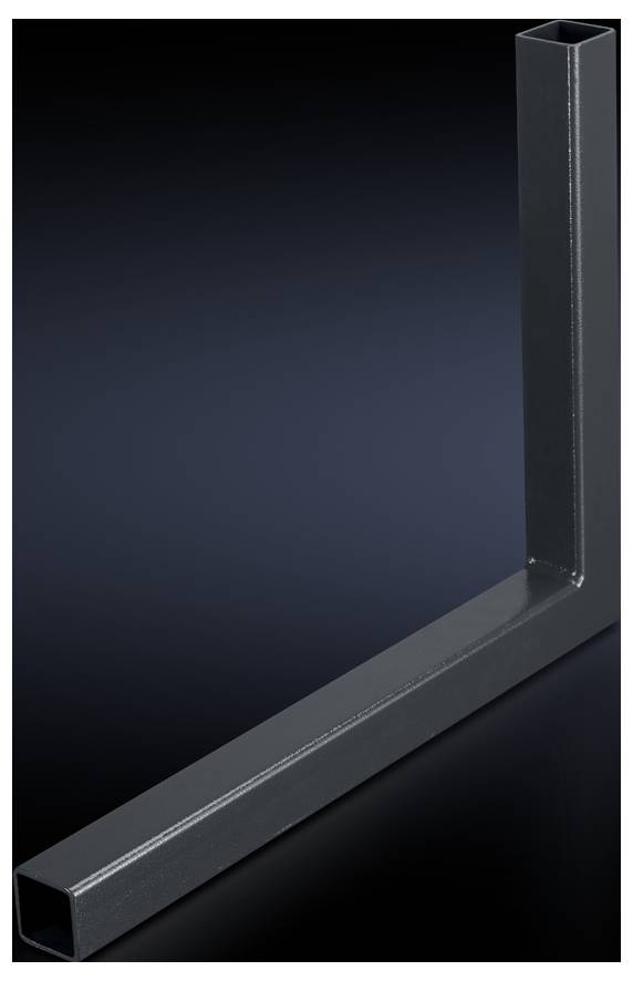 Black metal rectangular tube bent at a right angle, positioned against a dark grey background.