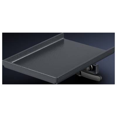 A black, rectangular metal drawer rack mounted on an extendable bracket, against a dark background.