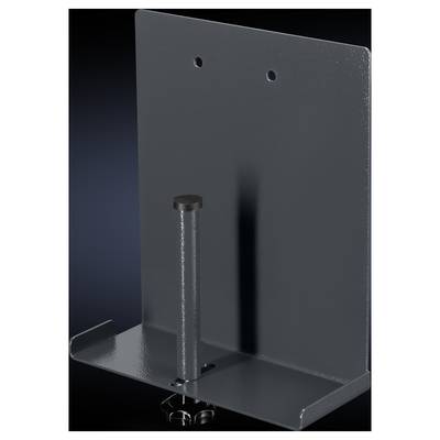 Black painted metal bracket with two holes at the top and a vertical pin on the base plate, against a dark background.