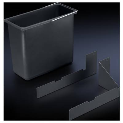 A rectangular black rubbish bin with two holders beside it on a black background.