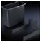 A rectangular black rubbish bin with two holders beside it on a black background.
