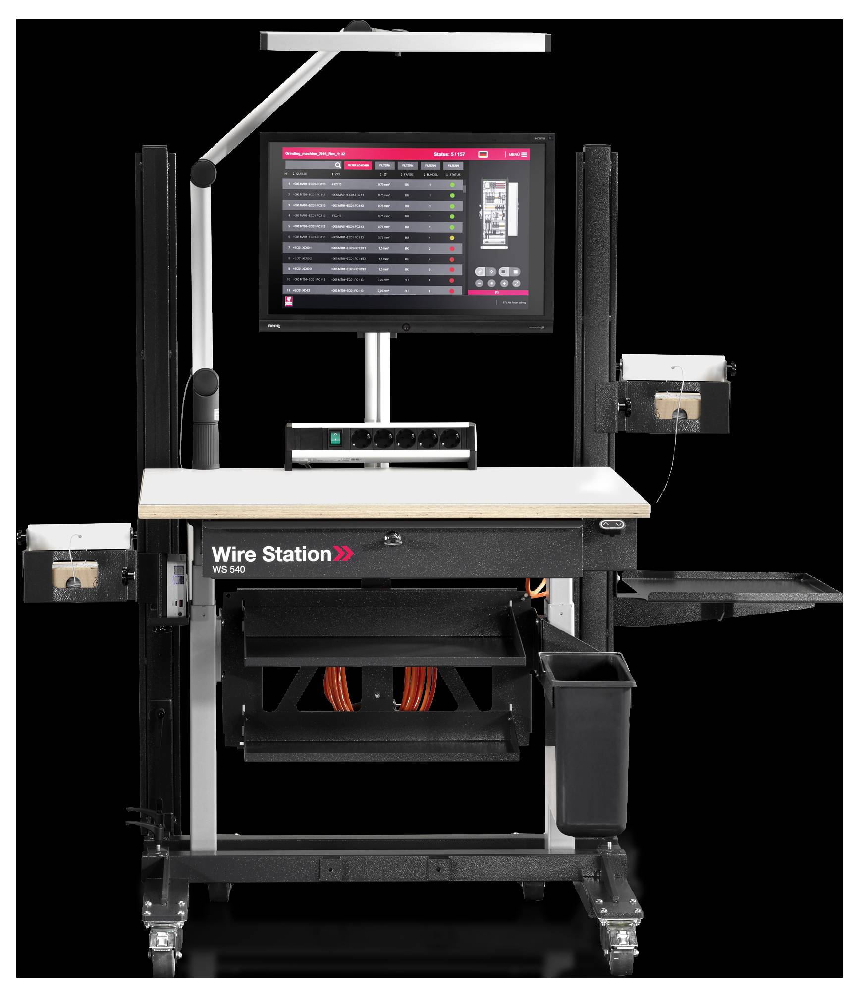 Workstation with a screen displaying an administration system. Space underneath for cables and accessories. Mobile on castors for flexible use.