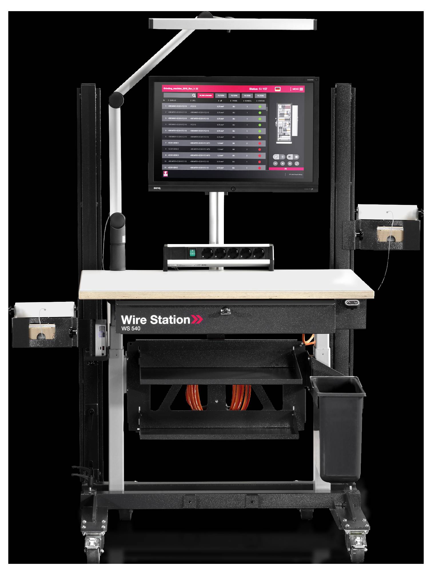 A screen displays a software interface for cable project management. Below are the workspace and storage areas for accessories.