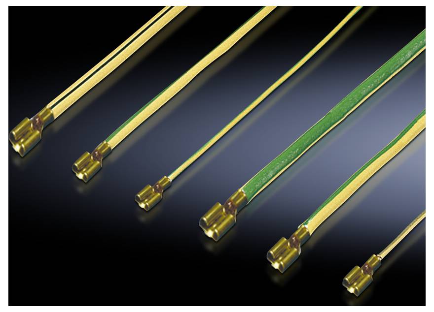 Several thermocouples with yellow and green cables terminating in connectors, set against a dark background.