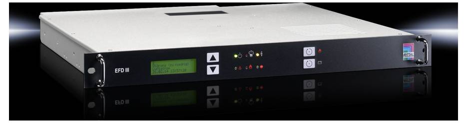 A flat, rectangular server or electronic device with a display and buttons on the front, mountable in server racks.