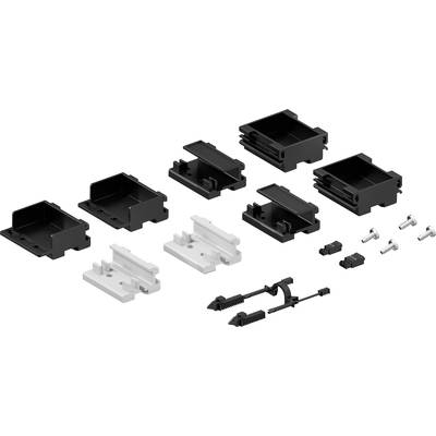Plastic housing components in black and grey, screws and small accessory parts intended for the assembly of an electronic device.