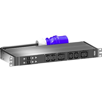 A grey rack PDU with multiple power outlets and a blue plug, suitable for power distribution in a server room.