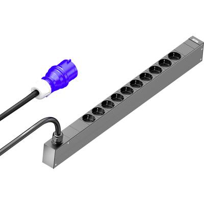 'Power strip with nine black Schuko sockets and a blue CEE plug with cable. Suitable for industrial applications.'
