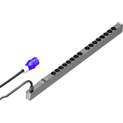 'Vertical power strip with 16 Schuko sockets and a blue CEE plug, suitable for industrial applications.'