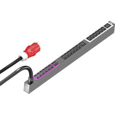 A vertical power distribution unit with multiple black power sockets and a red plug at the cable end. Suitable for power distribution in server rooms.