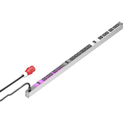 A multi-socket extension lead with several international plug sockets and a red power cable plug.