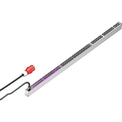 A long power strip with multiple Schuko-type socket outlets and a red power connection on the left side.