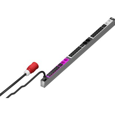 A long power strip with multiple sockets is shown. A red plug is connected at one of the ends.