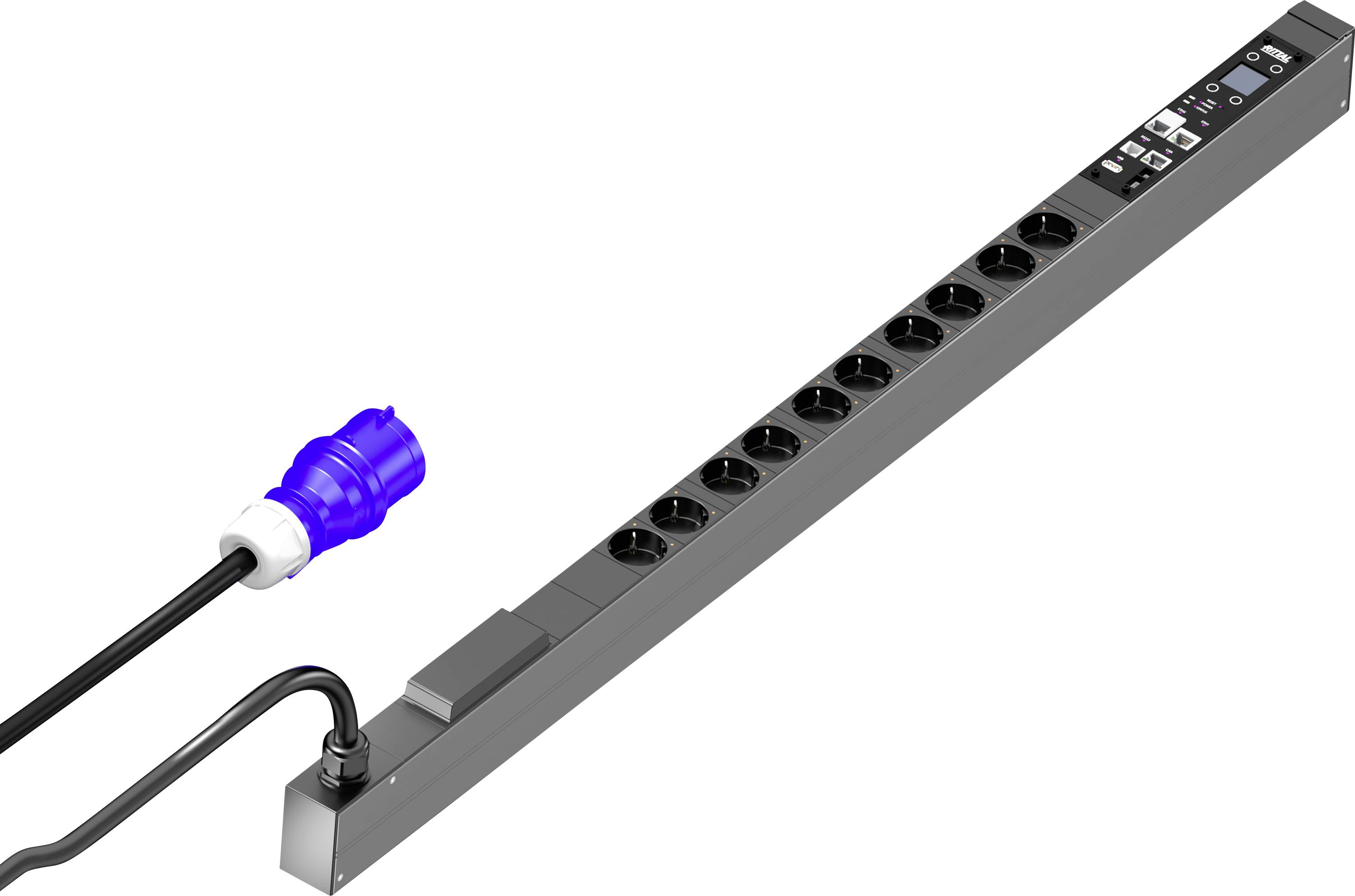 Black power strip with nine outlets and blue plug, ideal for server rooms or workplaces with high power requirements.