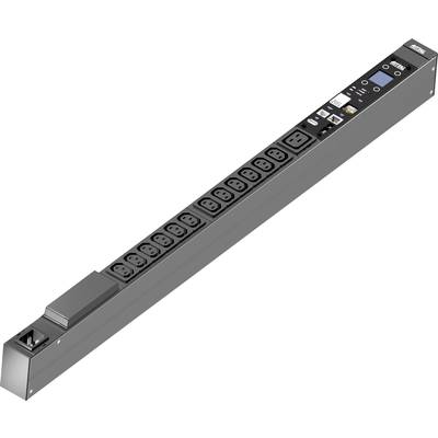 'Black power distribution unit with 12 sockets, display and connections for energy management in IT environments.'