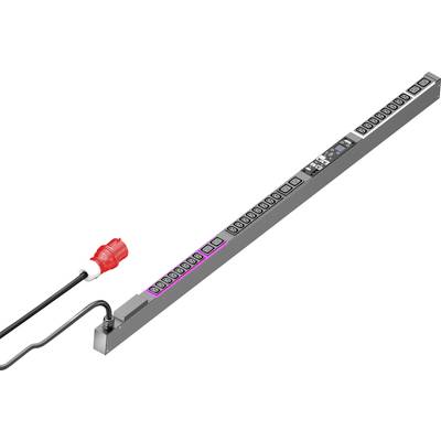 A lengthy power strip with numerous sockets and a red plug. It features a digital display for energy monitoring.