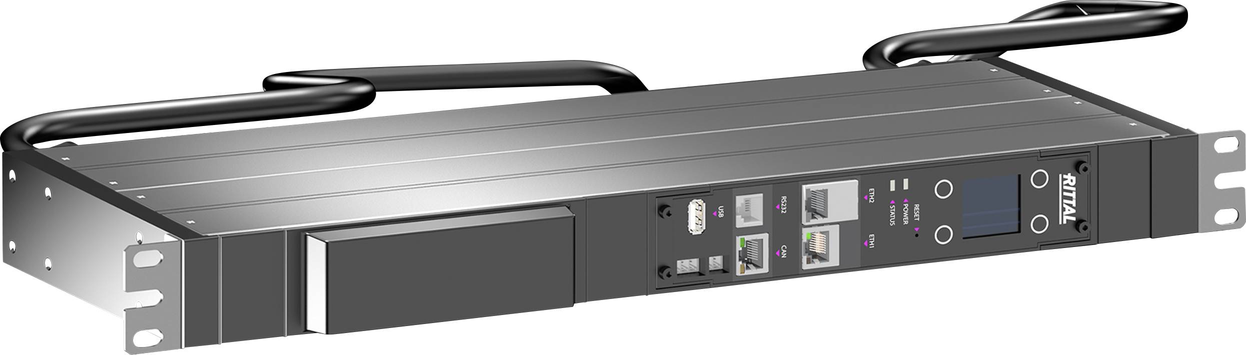 A network server rack with ports and ventilation slots. There are various connection modules and a digital display.