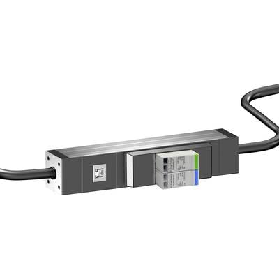 A rectangular, grey electronic component with two cables and two coloured labels.