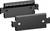Two black metal angle brackets with holes and markings, for mounting accessories to walls or equipment.