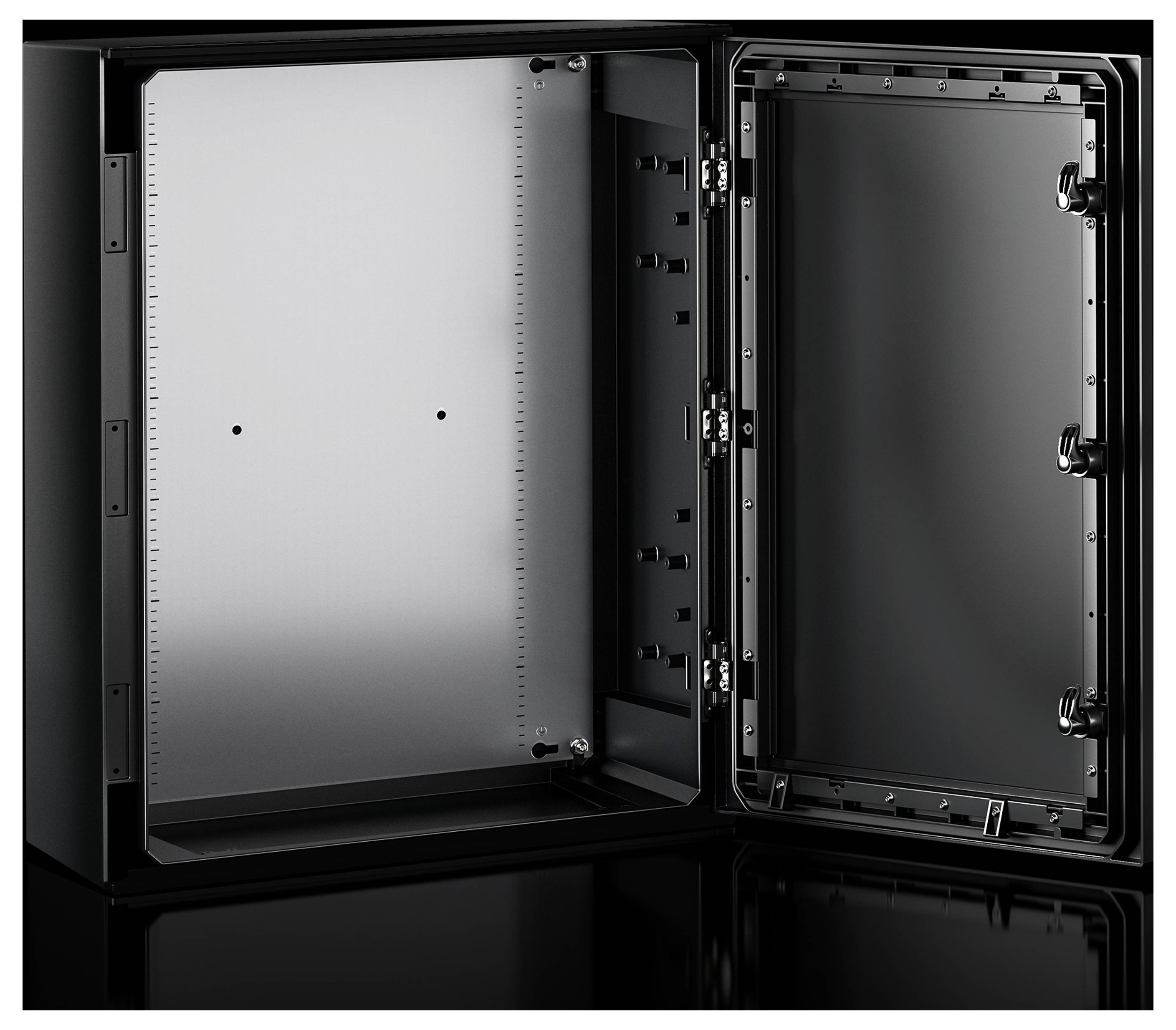 An open, empty black safe with a robust metal frame and sealed door, presented in a dark environment.